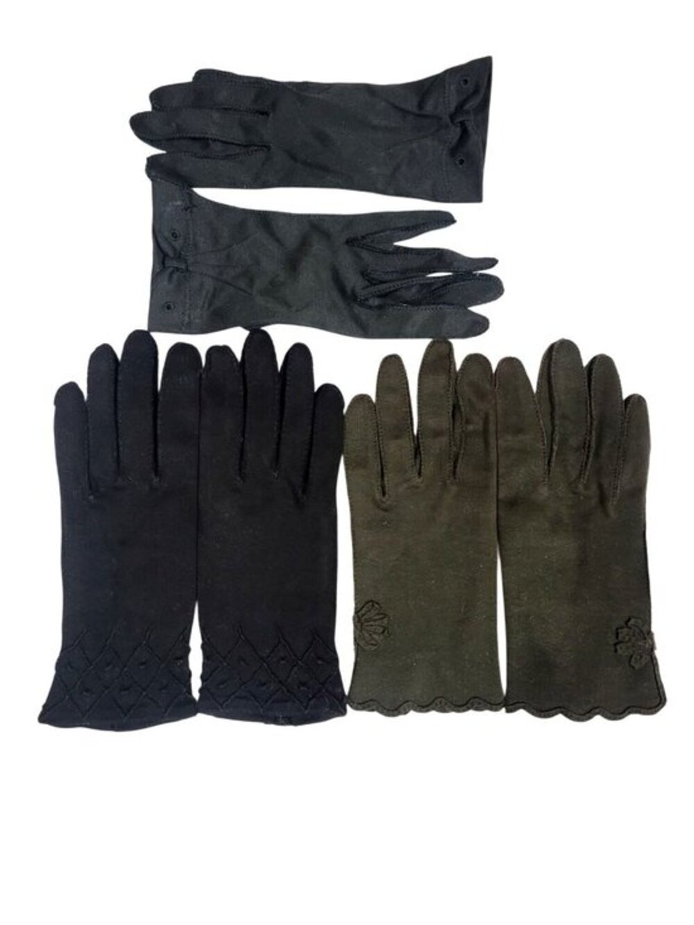 Vintage Lot Of Three Pairs Of Womens Gloves Embroidered & Scalloped Detailing In